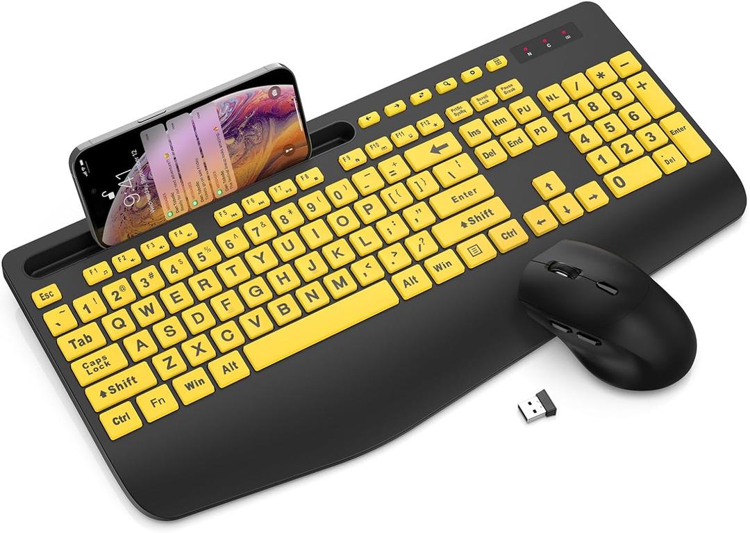 Wireless Keyboard and Mouse Combo - Large Print Ergonomic Keyboard with Wrist Rest, Phone Holder, Sleep Mode, Silent 2.4GHz Keyboard Mouse Set for Computer, Laptop, PC, Mac, Windows - Trueque (1 PACK, Yellow)