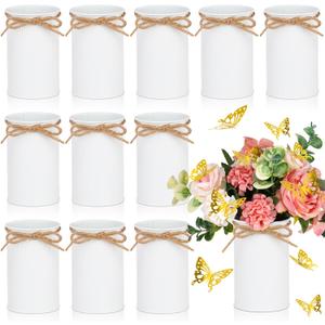 12Pack 4.3x2.6 Inch High Farmhouse Vase Decor Vintage Flower Vase with Twine Bow Galvanized Metal Vases,Galvanized Flower Bucket for Table Centerpiece Weddings Home Decoration