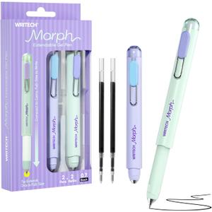 WRITECH Gel Pens Medium Point: Morph 0.7mm Black Ink Mini to Full Size Soft Grip Portable Extendable Pocket Pen Set with 2 Pens and 2 Refills