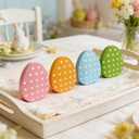 3 x 4 Pcs Easter Decoration Wooden Egg Table Tiered Tray Decor - 3.1"x3.9" Pastel Polka Dot Wood Egg Signs for Home Spring Party Centerpieces Kitchen Mantel Decor