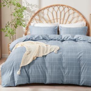 JELLYMONI 100% Natural Cotton 3pcs Plaid Duvet Cover Sets, Checkered Full Comforter Cover, 1 Duvet Cover and 2 Pillow Cases with Zipper Closure & Corner Ties, Grayish Blue