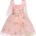 OBEEII Flower Girl Dress Toddler Spaghetti Straps Floral Embroidered Tulle Tutu Dress Princess Birthday Party Dress (2-3T, Pink)