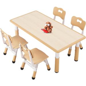 FUNLIO Kids Table and 4 Chairs Set for Ages 3-8, Height Adjustable Toddler Table and Chair Set, Easy to Wipe Arts & Crafts Table, for Classrooms/Daycares/Homes, CPC & CE Approved (5 pcs Set) - Natural (Rectangle - Be Natural)