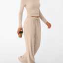 Trendy Queen Women's 2 Piece Matching Lounge Set Long Sleeve Side Ruching Top Wide Leg Drawstring Pants Set with Pockets (Large, Almond)