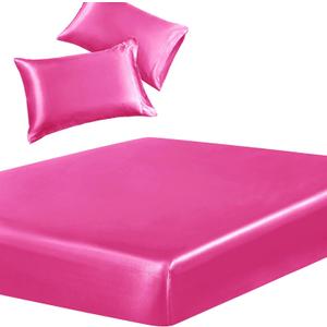SiinvdaBZX 3-Piece Set Satin King Fitted Sheet & 2 Pillowcase, Hot Pink Silky Soft Fitted Bottom Sheet, Wrinkle Free, Fade Resistant, Deep Pocket Bed Sheet (Deep Up to 15")