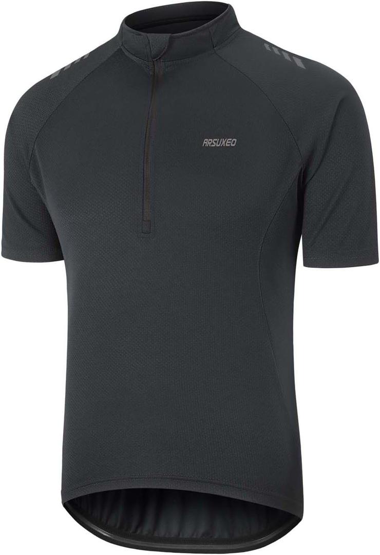 ARSUXEO 1/2 Zipper Cycling Jersey Men Short Sleeves Bike Shirts for Men Biking Bicycle Road Bike Jerseys (Medium, Black)
