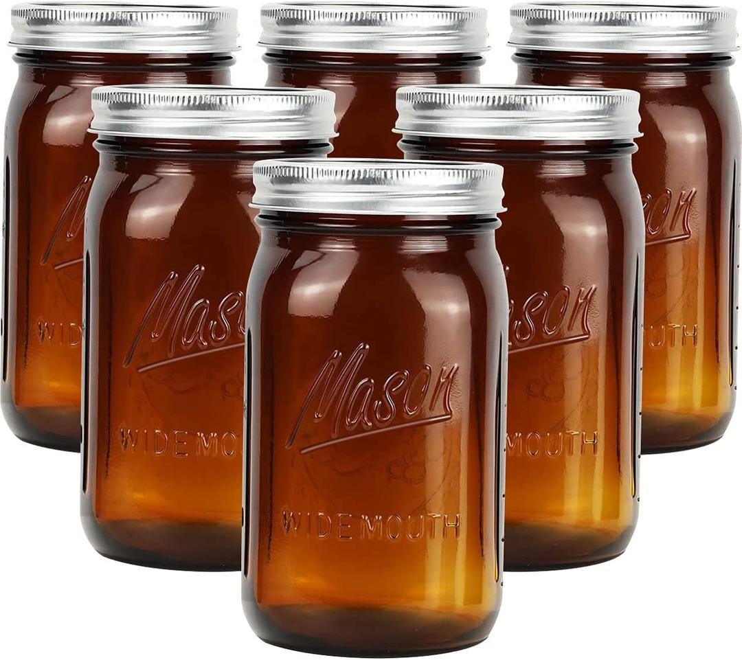 32 oz Wide Mouth Amber Glass Mason Jars (6 Pack) - BPA Free, Air Tight, Leak Resistant - Quart Mason Jars for Canning, Storing Food, Spices, and Meal Prep