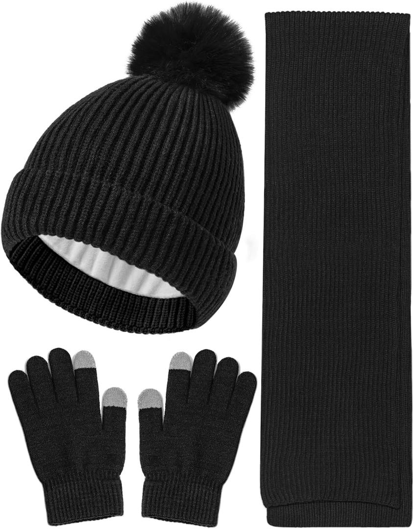Wandx Kids Winter Hat Gloves Scarf Set Children Pompom Knit Beanie Warm Gloves with Thick Fleece for Boys Girls Ages 4-12 (Black)