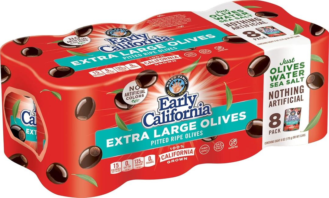 Early California Extra Large Ripe Pitted Olives, Pack of 8, 6 oz Cans, Best By: NOV 18 2028