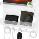 Bedside Wall Shelf Organizer with 5 Hooks & Cable Clips, Plastic Adhesive Wall Mount Storage Rack for Phone, Remote, Earphones, Kindle, Bedroom, Dorm, RV (Clear), 24 cm x 5.4 cm x 23 cm
