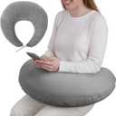 Gray U-Shaped Reading Pillow, 23.6 x 21.7 in Lap Support Pillow with Adjustable Strap, Crescent Design, PP Cotton Filling, Reading, Gaming, Arm, Back Support