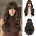 SUKRI Long Wavy Wig with Bangs for Women Dark Brown Curly Wigs Natural Wavy Synthetic Wigs for Daily Party Cosplay 20 Inch (Dark Brown)