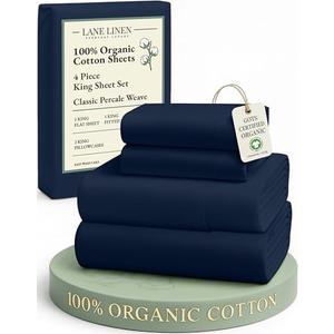 LANE LINEN 100% Organic Cotton Fully Elasticized King Sheet Set, Low Pilling Fade Resistant Machine Washable Naturally Cooling King Bedding Set, Soft & Comfy Cotton Sheets - Navy