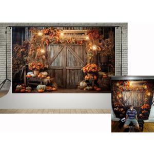 Kate 7x5ft Autumn Thanksgiving Farm Pumpkin Lanterns Decoration Photography Backdrops Rustic Wooden Door Fall Yellow Flowers Leaves Pumpkin Harvest Photo Background Shooting