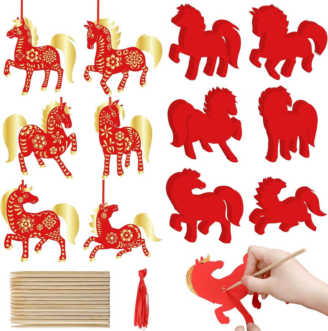 Woanger 60 Pcs Chinese New Year Crafts Scratch Paper Craft Bulk DIY Lunar New Year 2026 Scratch Painting Gift Hanging Ornaments for Home Spring Festival Party Decor(Horse)