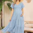 Swiss Dot Smocked Maternity Dress for Photoshoot Baby Shower, Flowy V Neck Ruffle Sleeve Empire Waist Tiered Dress, XL