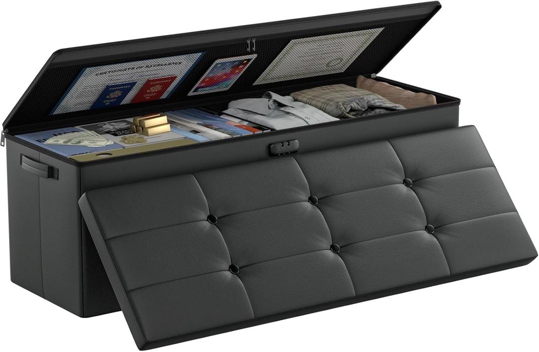 DocSafe Storage Ottoman Bench,FireproofWaterproof Folding Bench with Lock(15x 43x15),Leather Storage Chest with Handles2 Extra Boxes,Ottoman Safe for Bedroom,Living Room,Home Office,Black