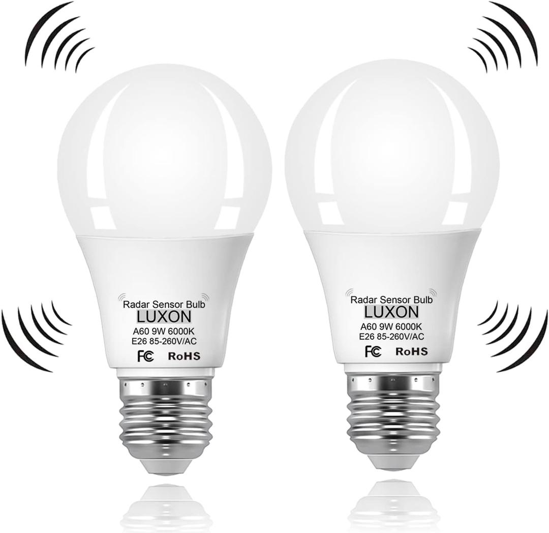 LUXON Radar Motion Sensor Light Bulbs,Dusk to Dawn LED Light Bulbs Outdoor 9W 6000K Daylight,A19 E26 Base Auto On/Off for Indoor Outdoor Basements, Porch,Courtyards, Garage Pack of 2