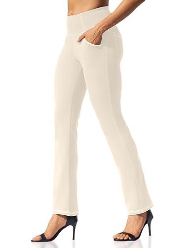 VOOVEEYA Womens Straight Leg Leggings, High Waisted Yoga Pants with Pockets Tummy Control Bootcut Casual Dress Pants, 30 Inseam, Small, Beige