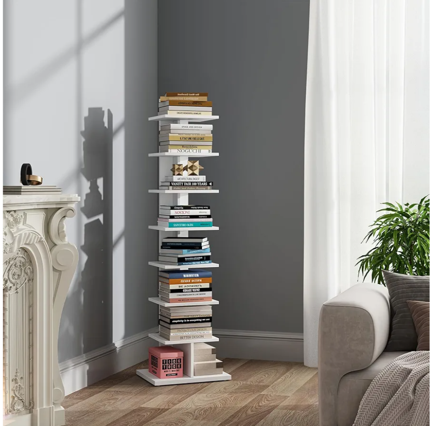 TUTOTAK Narrow Bookshelf, 8Tier Bookcase, Spine Book Shelf for Small Space, Corner Standing Shelf for Living Room, Office, Study, Entryway, White BS06BW008
