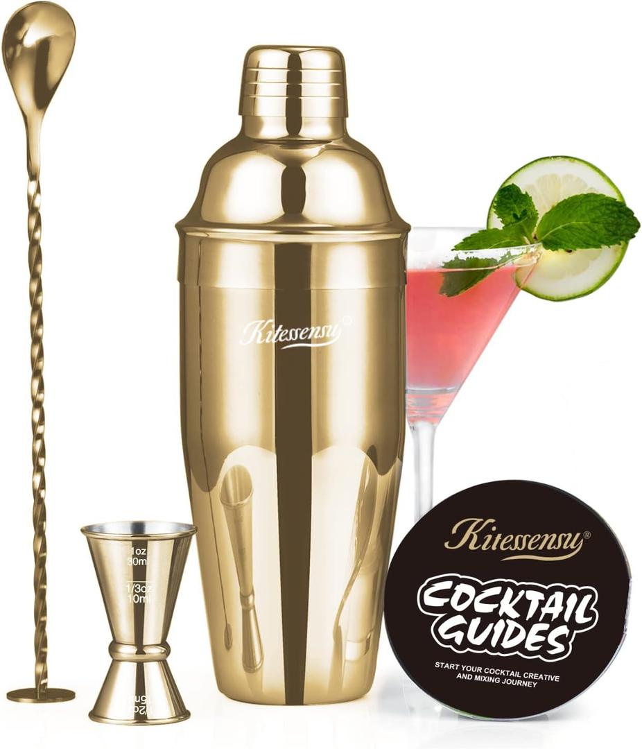KITESSENSU Cocktail Shaker Set, Stainless Steel Bartending Kit with 25 Ounce Cocktail Shaker with Built in Drink Strainer, Measuring Jigger, Mixing Spoon & Drink Recipe Guide, Gold (Gold - Cobbler 3)