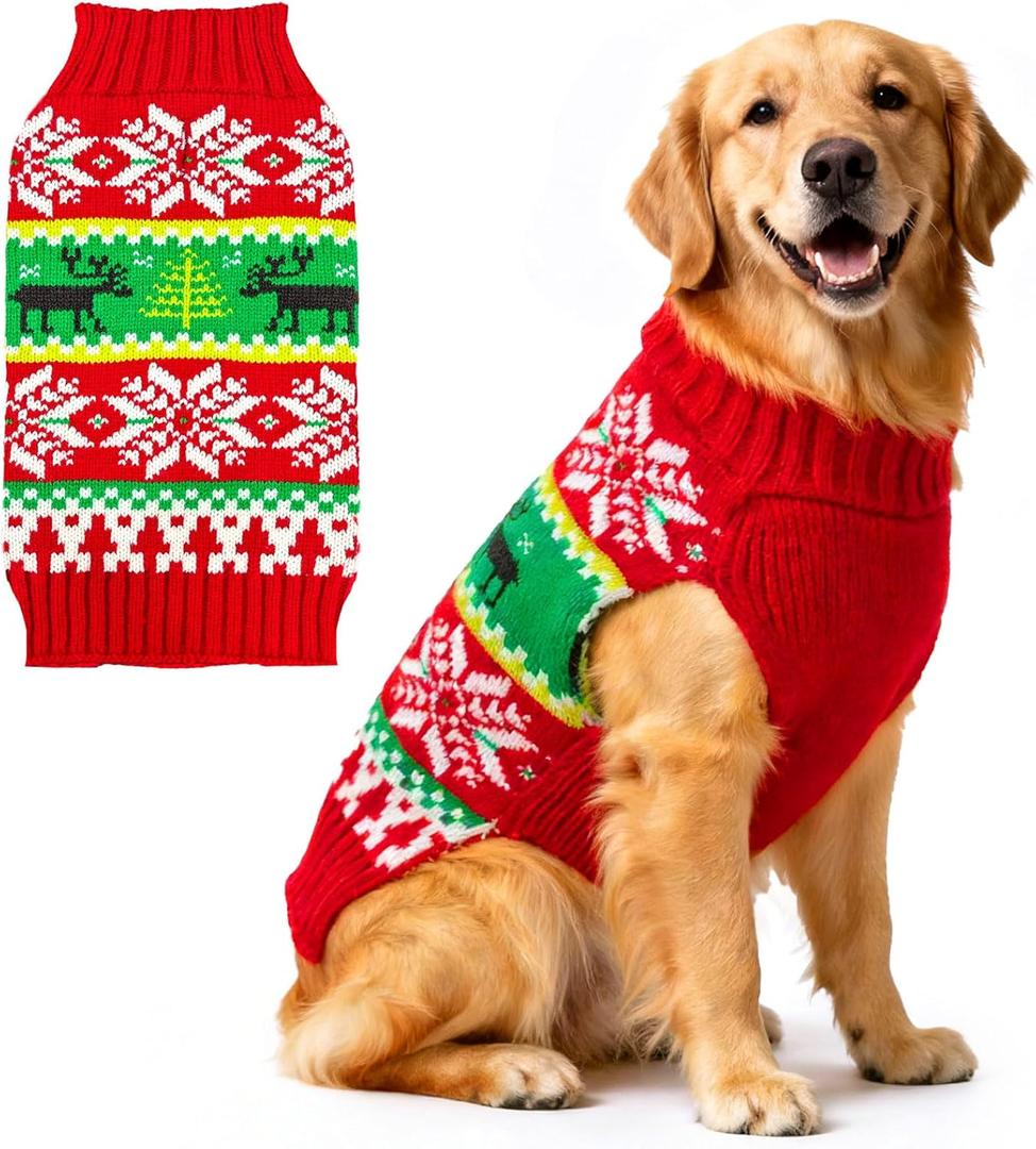 ABRRLO Dog Christmas Sweater Xmas Dogs Outfits New Year Holiday Costumes Puppy Cat Sweater with Leash Hole for Small Medium Large Dogs Girl Boys Dog Clothes (11-Red Green Reindeer, X-Large)