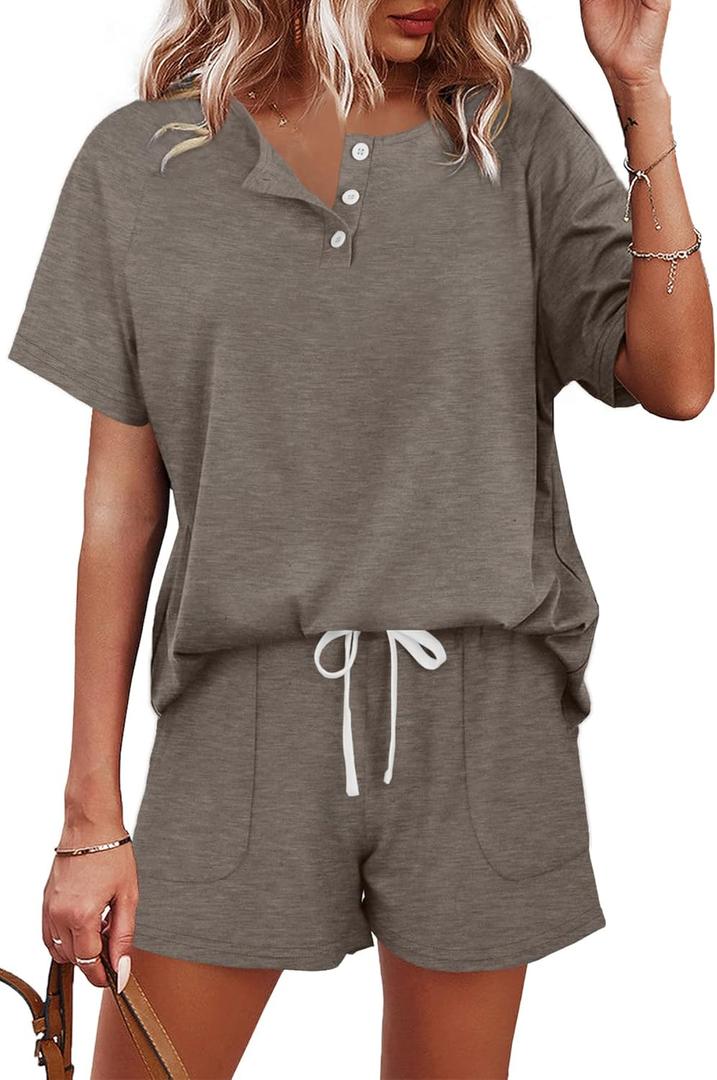 WIHOLL Two Piece Outfits for Women Lounge Sets Button Down Top and Shorts Set Sweatsuits with Pockets, XXL
