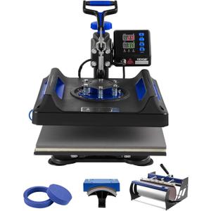 VEVOR 5 in 1 Heat Press Machine, Heat Transfer Machine with 30 oz Tumbler Press, 15 x 15 inch, 360 Swing Away T-Shirt Pressing, Fast Even Heating, for T-Shirts/Mugs/Plates/Hats, Black+Blue