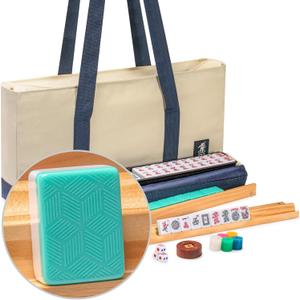 Yellow Mountain Imports American Mahjong Set, Harbor Mint with Beige and Blue Canvas Tote Bag - 4 All-in-One Racks with Pushers, Wright Patterson Scoring Coins, Dice, & Wind Indicator (Emerald)