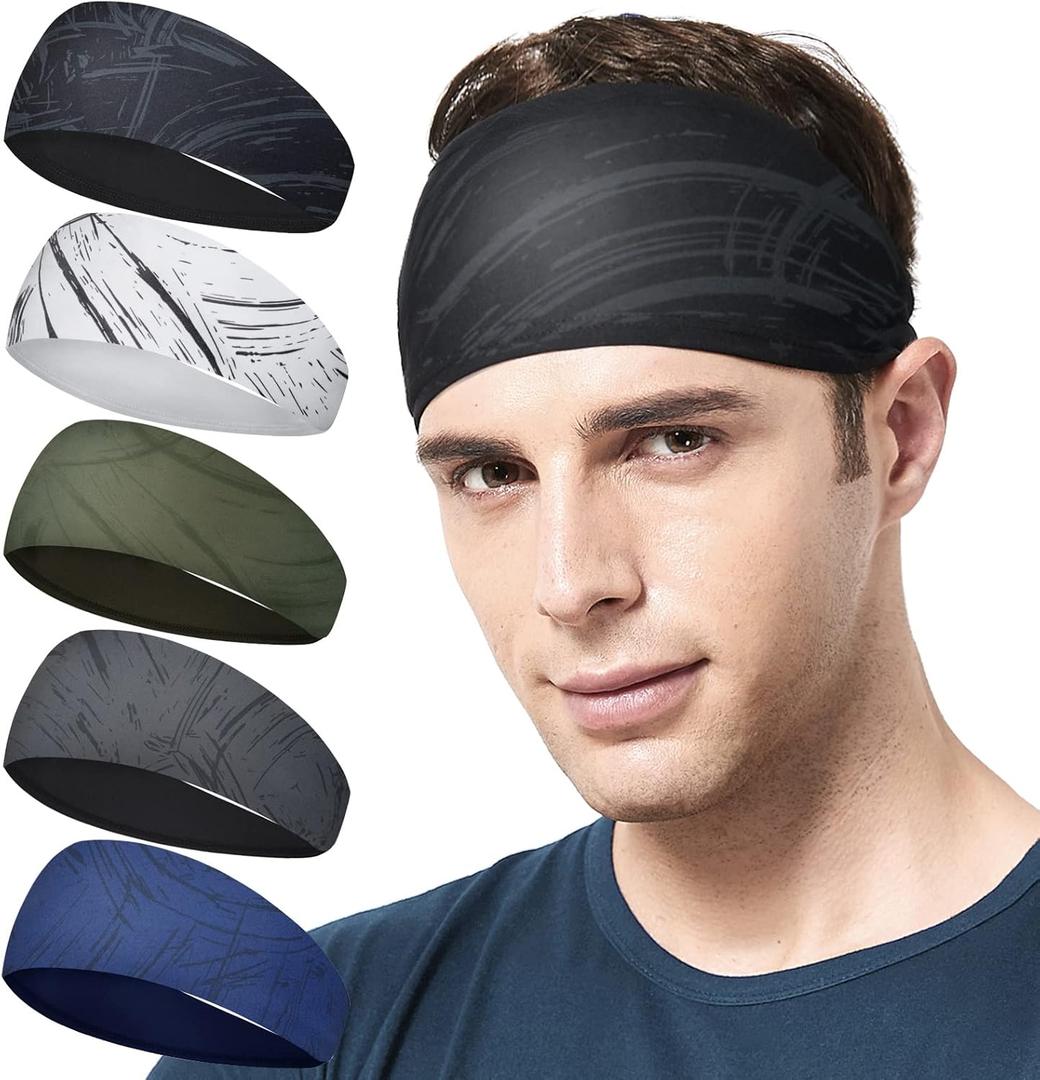 Acozycoo Mens Running Headband,5Pack,Mens Sweatband Sports Headband for Running,Cycling,Basketball,Yoga,Fitness Workout Stretchy Unisex Hairband