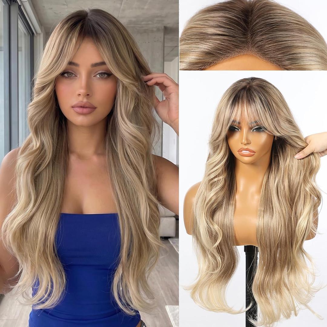 KOME Ombre Blonde Synthetic Lace Front Wig, T Part Glueless Layered Wavy Wigs With Bangs, Heat Resistant Wigs For Women Daily Party Use 26IN