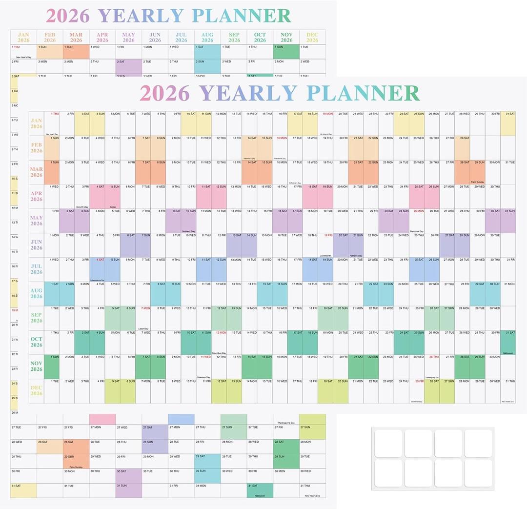 24" x 36" Exellewis 2026 Wall Calendar, Folded Large Paper Yearly Planner 12 Months, January to December 2026, 2-Sided Reversible Horizontal/Vertical School Office Business Year Calendar