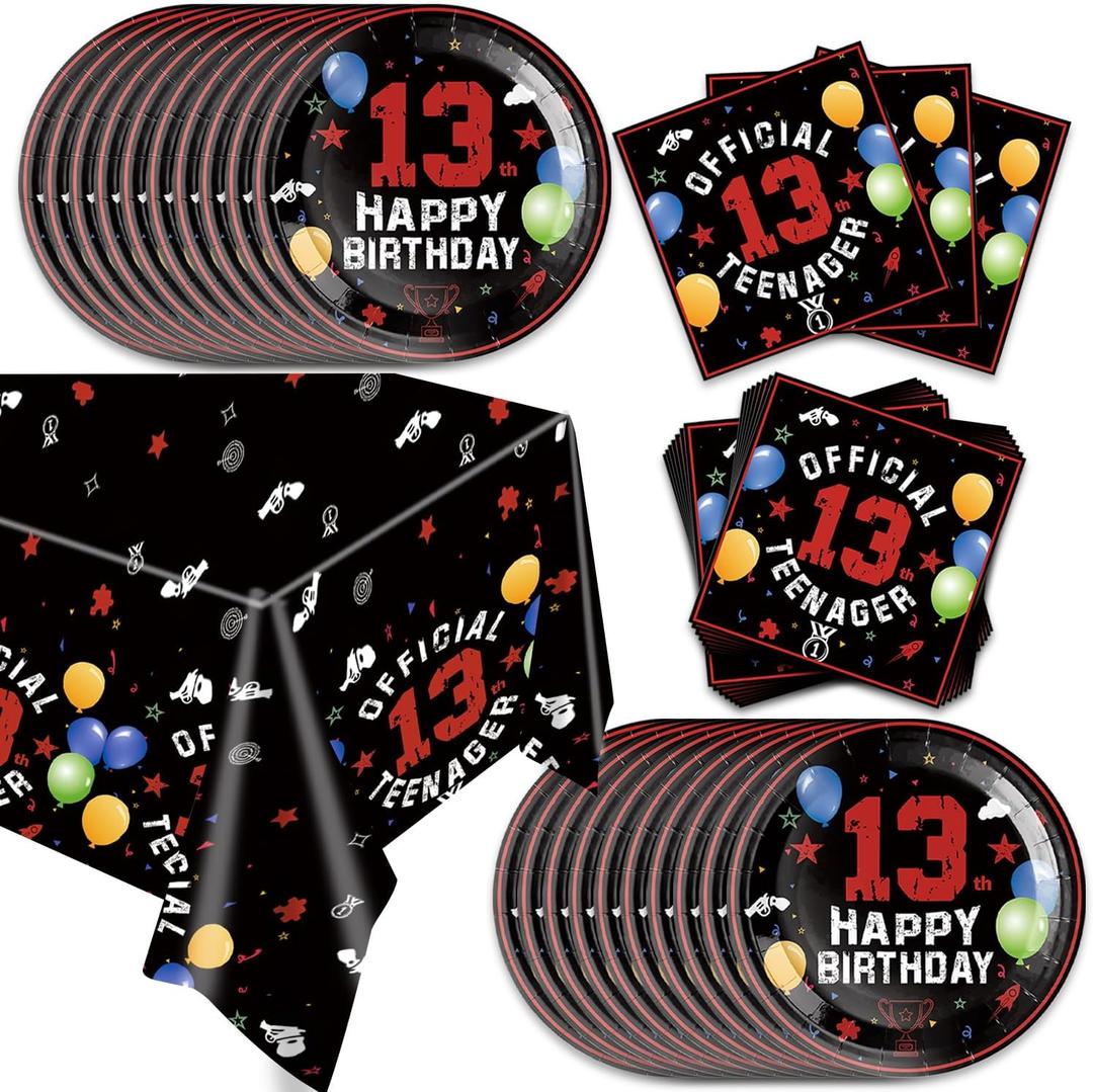 41pcs 13th Red and Black Birthday Party Supplies,include 20 Dessert Plates, 20 Napkin and 1pcs Tablecloth,Used for 13th Red and Black Party Decoration
