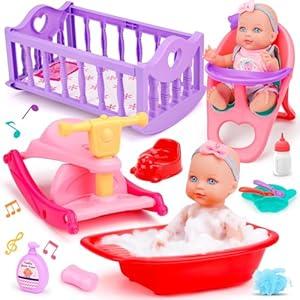 Tsomtto Baby Care Dolls Toys Set with 11" Baby Doll, Cradle Crib & Rocking Horse, Bathtub, High Chair Feeding Accessories, Toddlers Doll Toy Pretend Play for Age 3 4 5 6+ Years Old Girls Kids