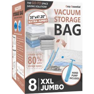 Cozy Essential Vacuum Storage Bags, 80% Compression Vacuum Seal Space Saver Plastic Packaging Bags for Clothes, Blankets, Pillow, Bedding, Comforters, Sealer Clothing Storage, 8 XXL Jumbo