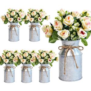 Farmhouse Artificial Rose Flowers with Metal Vase, Set of 6 Fake Rose Arrangements for Table, Faux Bouquets Wedding Centerpiece Decorations, Home Office Flower Decor (Silver Vase & Champaign Roses)
