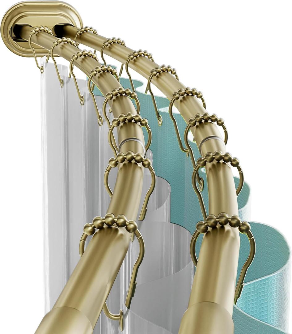 Zenna Home Double Curved Shower Curtain Rod, No Drill, 50-72 Inch Adjustable Tension Curved Shower Rod for Bathroom, Rustproof Double Rod, Non-Slip, Adds Room in Shower, Gold