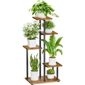 iDavosic.ly 5 Tier Plant Stand Indoor, Tiered Corner Flower Holder Shelf Outdoor, Metal Wood Tall Orchid Pot Display Rack for Patio Porch Garden Balcony Office, Modern Black & Rustic Brown
