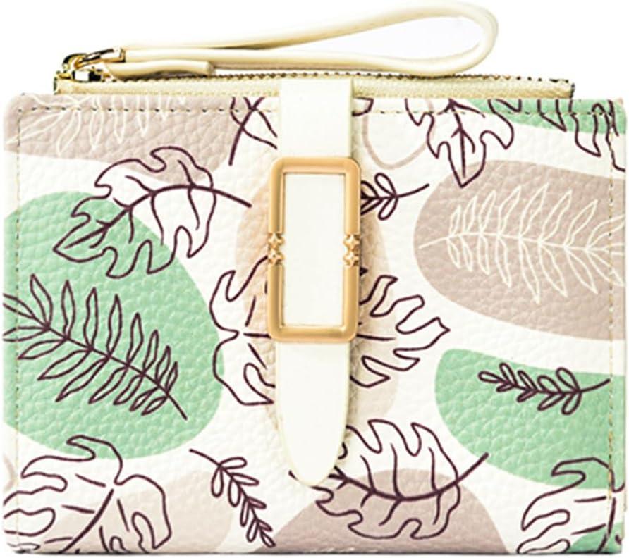 Small Soft Pocket Floral Wallet for Women, Bifold Purse with ID Window, Zipper Coin Pocket, card slots (Leaf green)