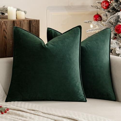 MIULEE Pack of 2 Christmas Decorative Velvet Throw Pillow Cover Soft Pillowcase Solid Square Eruo Sham Cushion Case for Winter Sofa Bedroom Car 24x24 Inch 60x60 Cm Army Green