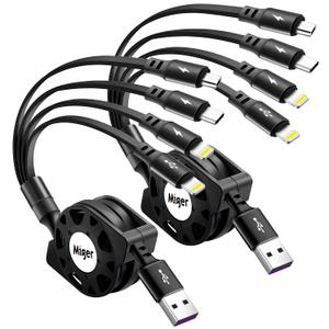 Multi Charging Cable,[2Pack 4Ft] 4 in 1 Retractable Phone Charger 4A Multiple Charger Cord,Retractable Car Charger for All Devices with Lightning/USB C/Micro USB Port for iPhone 17/16/15/14/Samsung/PS