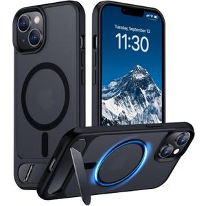 Temdan Compatible with iPhone 14 Case/iPhone 13 Case,[Built-in Invisible Kickstand][Compatible with MagSafe][Military Grade Shockproof] Slim Translucent Matte Phone Case for iPhone 14/13 6.1" (Black)