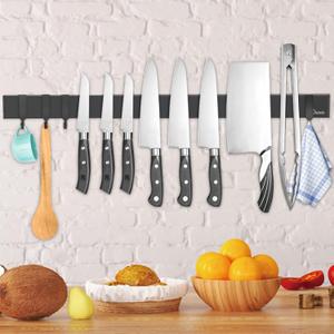 Dmore magnetic knife holder for wallwith 4 hooks, No Drilling 23 Inch black knife magnetic strip, Powerful knife magnet rack, include Adhesive Tape and screws for Knives, Utensils, and Tools