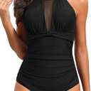Tempt Me Women One Piece Swimsuit High Neck Plunge Ruched Tummy Control Bathing Suit (16 Plus, 1 Blue)