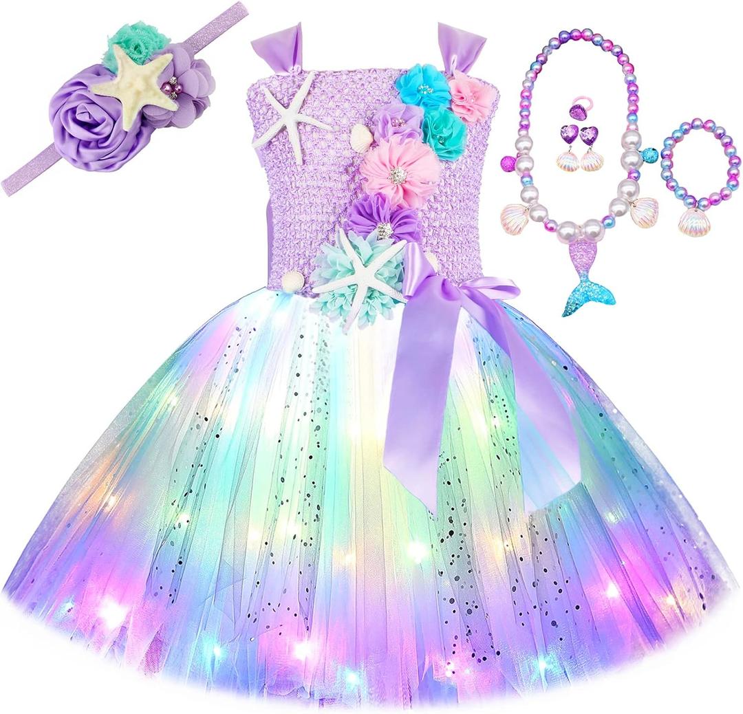 Mermaid Costume for Girls Birthday Party Gifts Halloween Tutu Princess Dress Outfits (7-8 Years, Led Lavender)