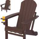 Folding Adirondack Patio Chairs, HDPE Fire Pit Chairs Weather Resistant, Outdoor Adirondack Chair with Cup Holder and Umbrella Hole for Paito Garden, Wood Texture, Brown