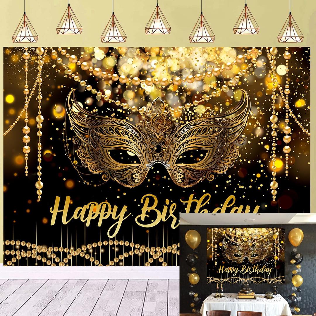 Masquerade Mardi Gras Backdrop for Happy Birthday Black Gold Glitter Mask Party Decorations Supplies Banner Masquerade Theme Carnival Dancing Party Photography Background (9x6FT(108x72 inch))