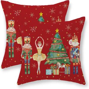 GOLIANDA Christmas Pillow Covers 18x18 Set of 2 Christmas Decorations Nutcracker Pillowcase Green Tree Decor Red Throw Pillows Farmhouse Winter Holiday Decor Outdoor Cushion Covers for Couch Home