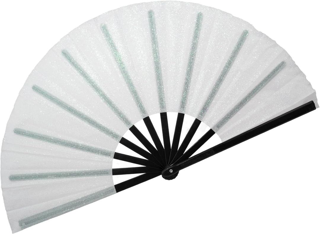2 x 13" Glitter Large Rave Fans Clap Fans for Line Dancing Folding Clack Handheld Foldable Decorative Fans Hand Fan for Dance, EDM Music Festivals & Parties(White)
