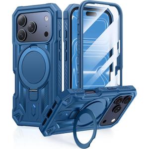 FNTCASE for iPhone 17 Pro-Max Case: Magnetic Phone Cases with [Ring Kickstand] [Built-in Screen Protector] [Heavy Duty Military Grade Protection] Drop Proof Rugged Hard TPU Phone Cover Blue
